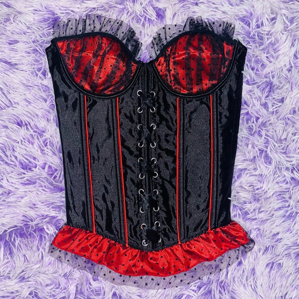Red and Black Lace Up Corset with Polka Dot Tulle - Women’s Size M